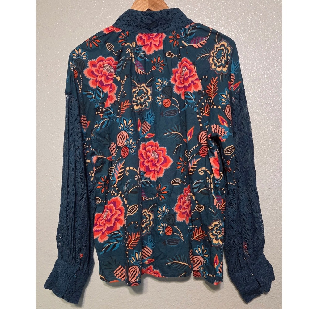 Farm Rio Anthropologie Floral Blouse Lrg Teal Lace Sleeve Boho Romantic Peasant - Picture 4 of 16